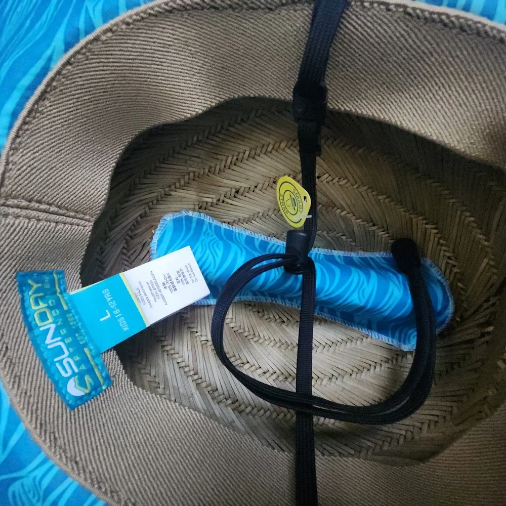 Sunday Afternoons Straw Hat Kids Large Tan Blue UPF 50+ Lifeguard Sun Hat